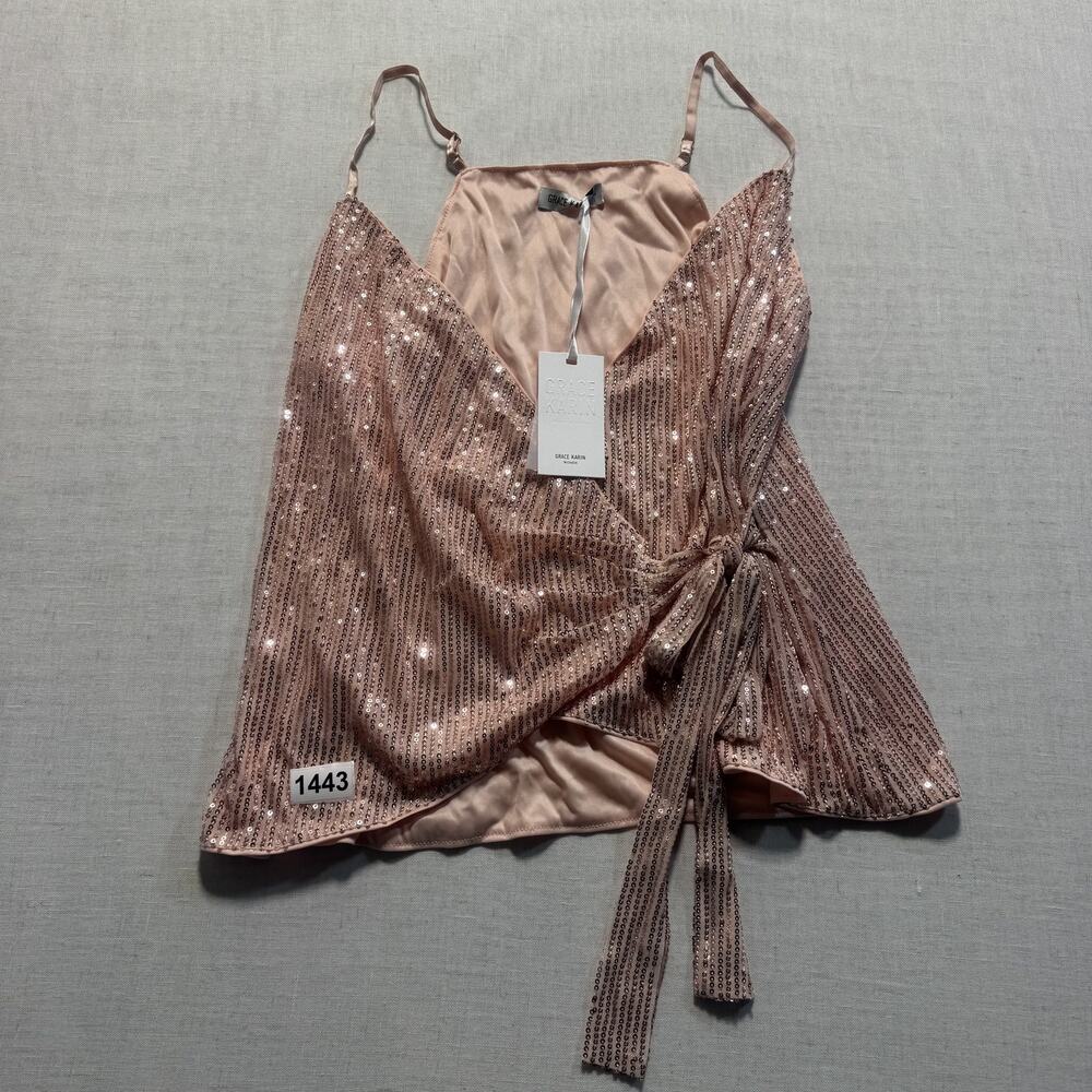Grace Karin Sequin Regular Tiny Strap  Fit  Top Women Sz L Pink Brand New